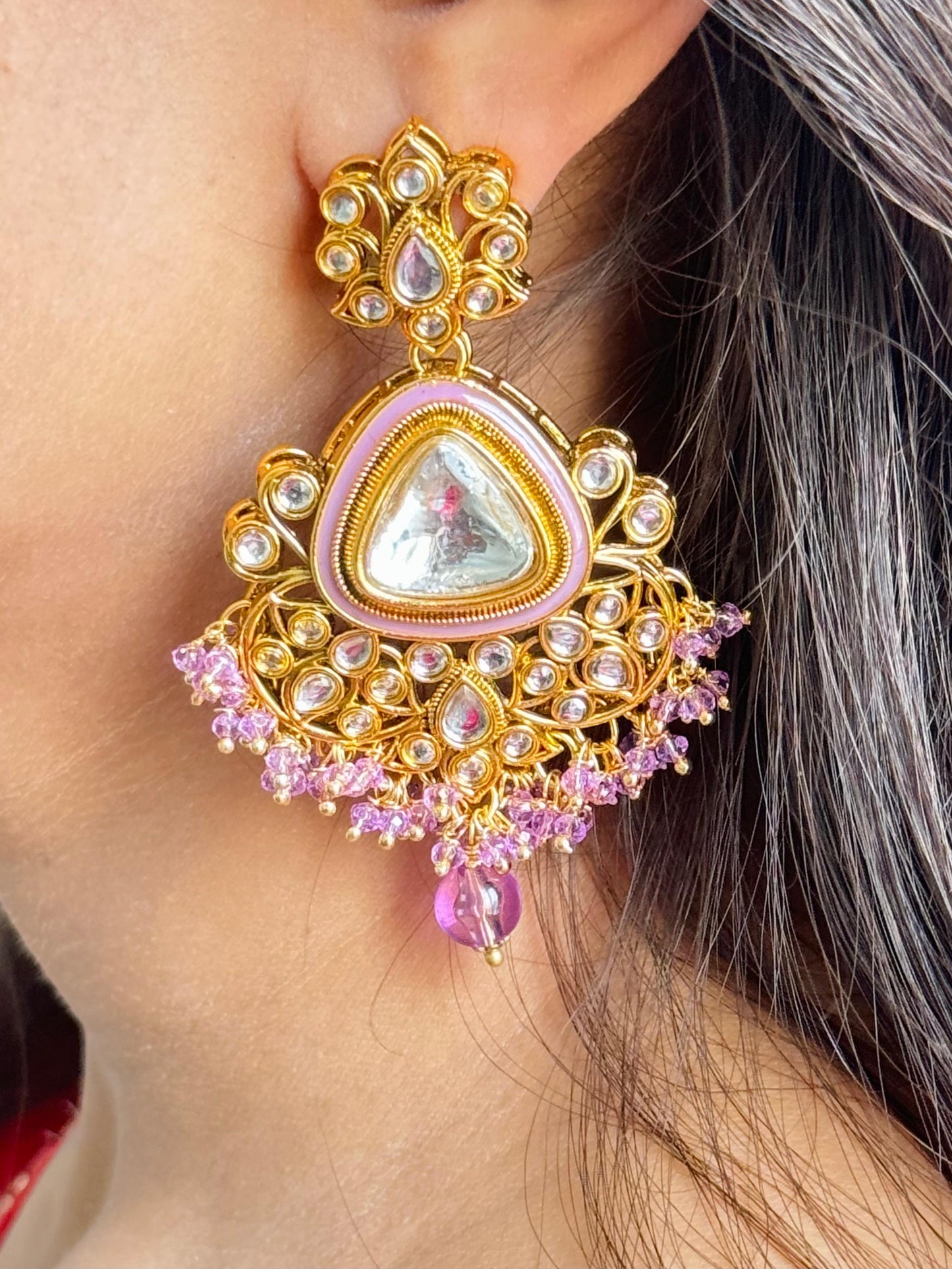 Elegant Kundan Soft Pink Meenakari Chandbali Earrings