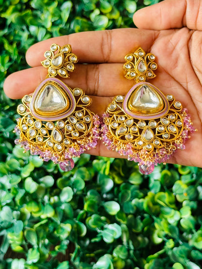 Elegant Kundan Soft Pink Meenakari Chandbali Earrings