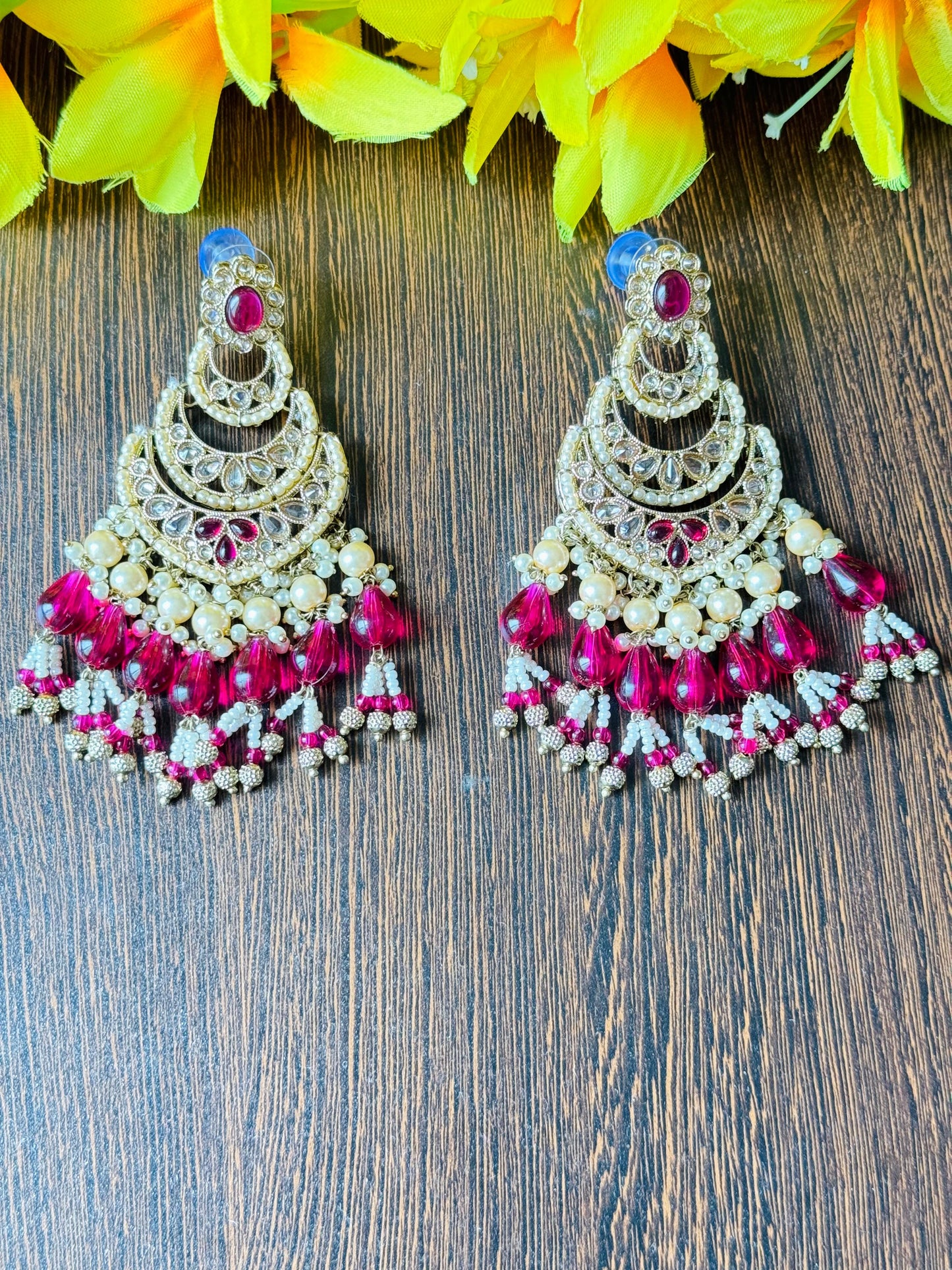 Exquisite Chandbali Earrings with Ruby Accents and Pearl Drops