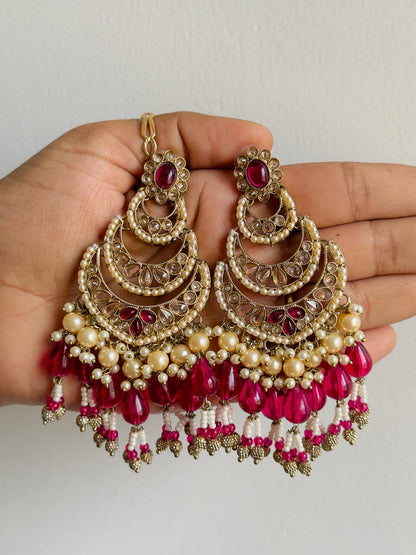 Exquisite Chandbali Earrings with Ruby Accents and Pearl Drops