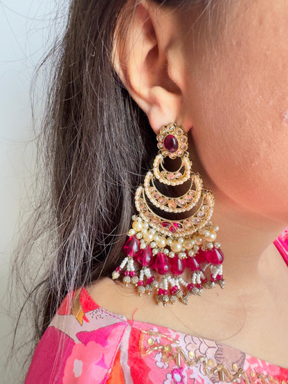 Exquisite Chandbali Earrings with Ruby Accents and Pearl Drops