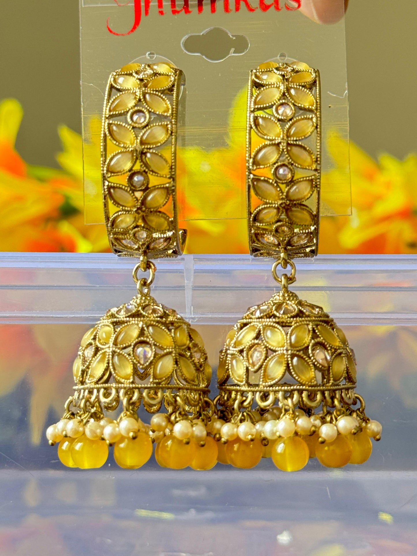 Shivangi Half Hoop Yellow Jhumka Earrings