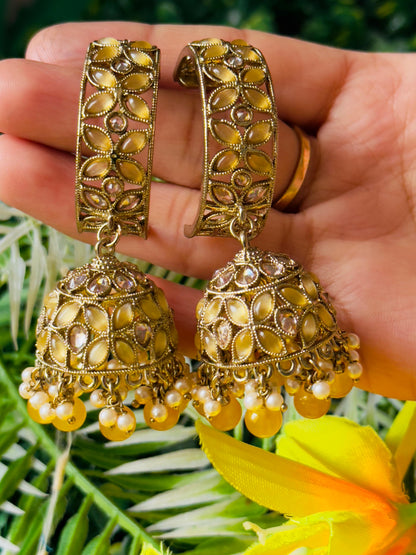 Shivangi Half Hoop Yellow Jhumka Earrings