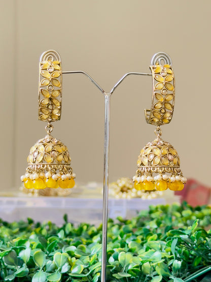 Shivangi Half Hoop Yellow Jhumka Earrings