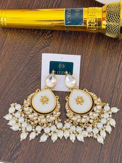 Tanu Long Kundan Pearl White  Chandbali