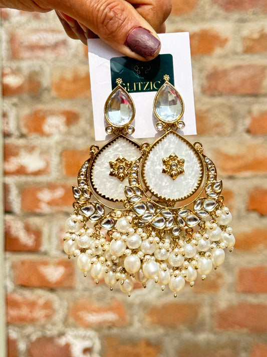 Tanu Long Kundan Pearl White  Chandbali