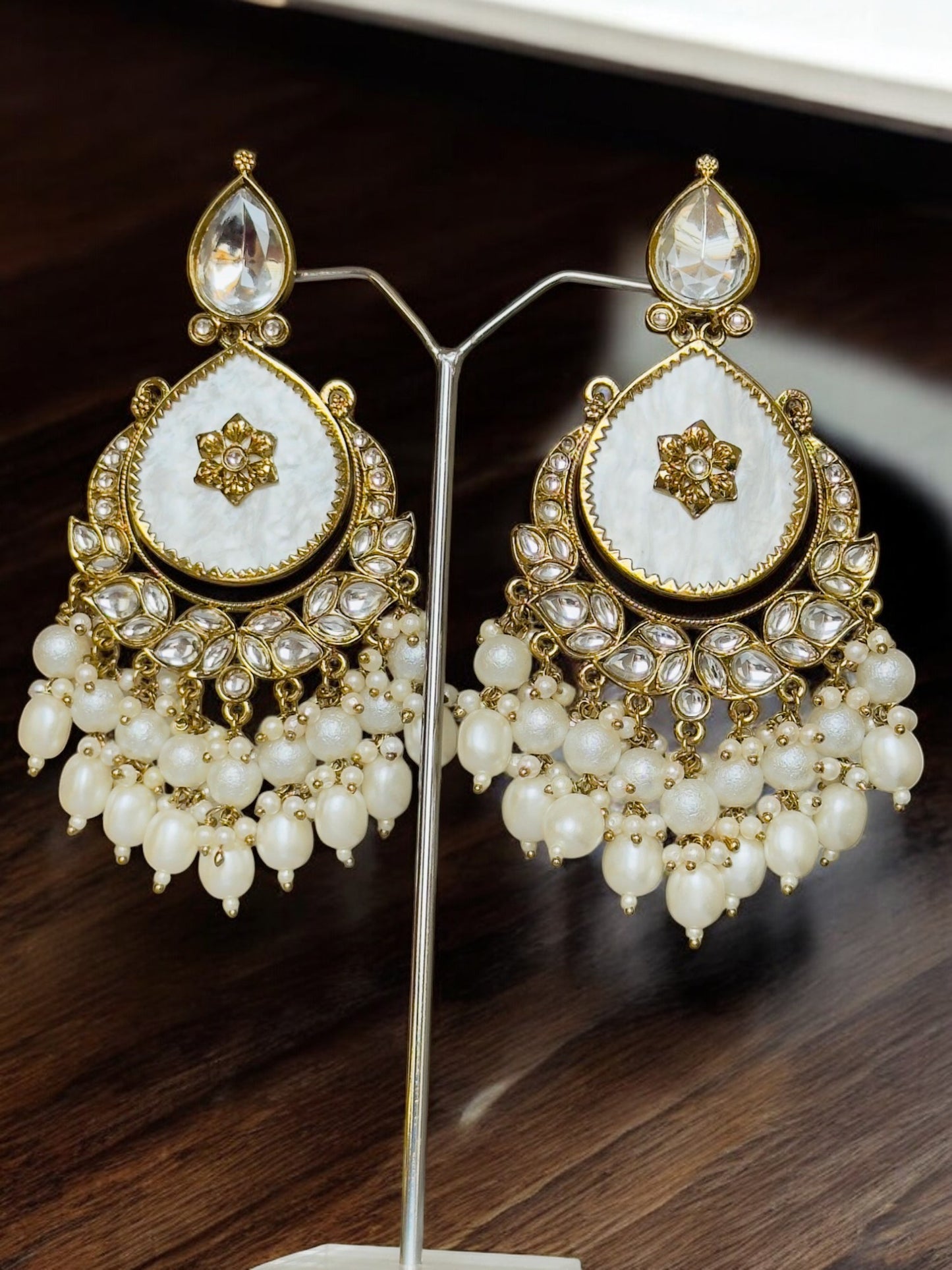 Tanu Long Kundan Pearl White  Chandbali