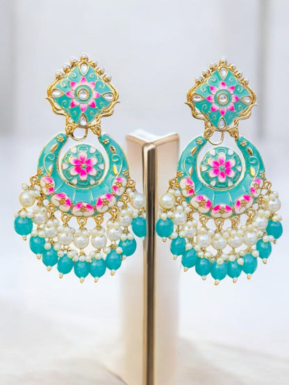 Zerina Long Meenakari Chandbali Earrings