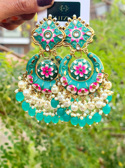 Zerina Long Meenakari Chandbali Earrings