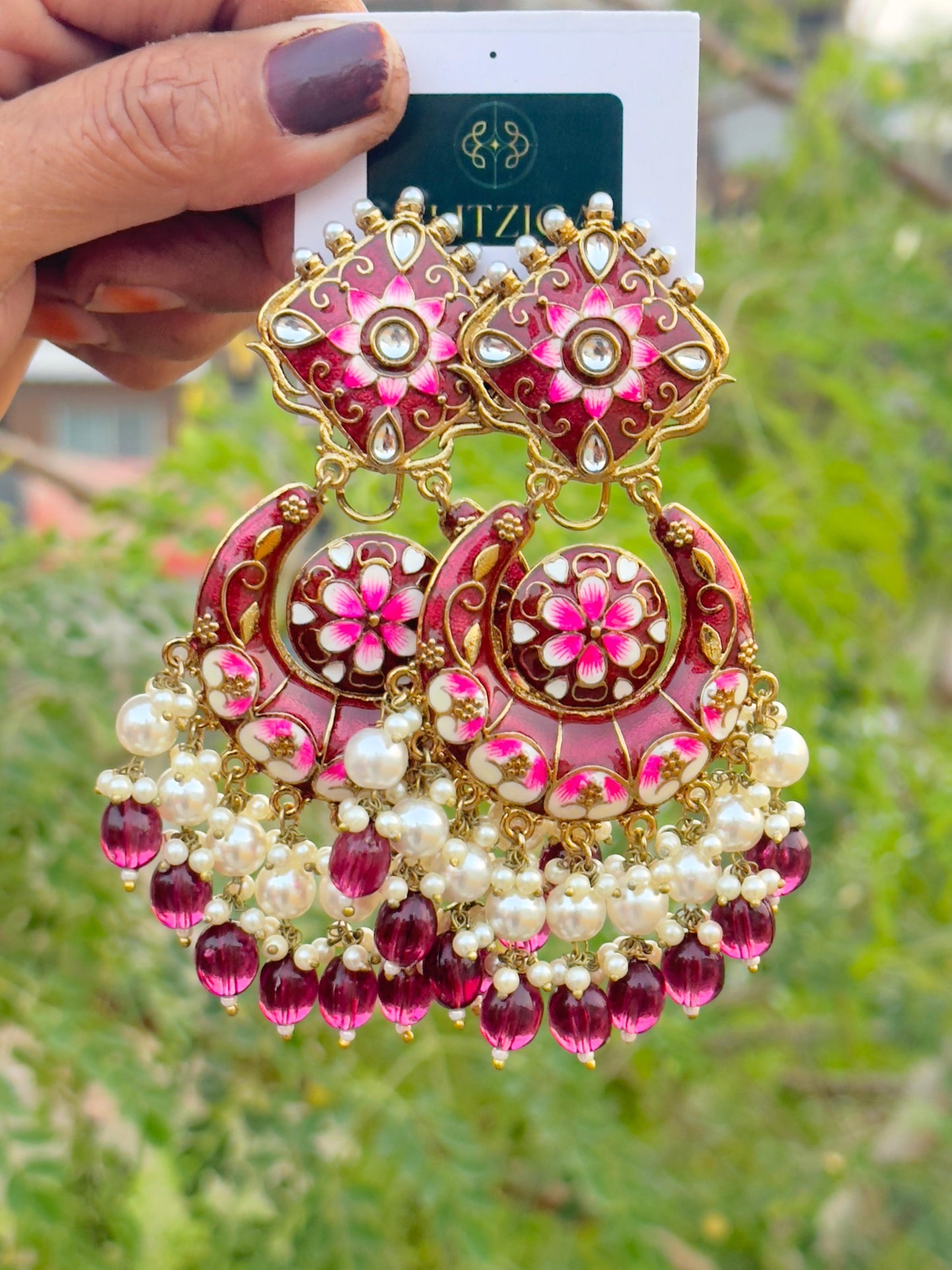 Noor Wine Long Meenakari Chandbali Earrings