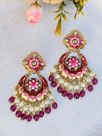 Noor Wine Long Meenakari Chandbali Earrings