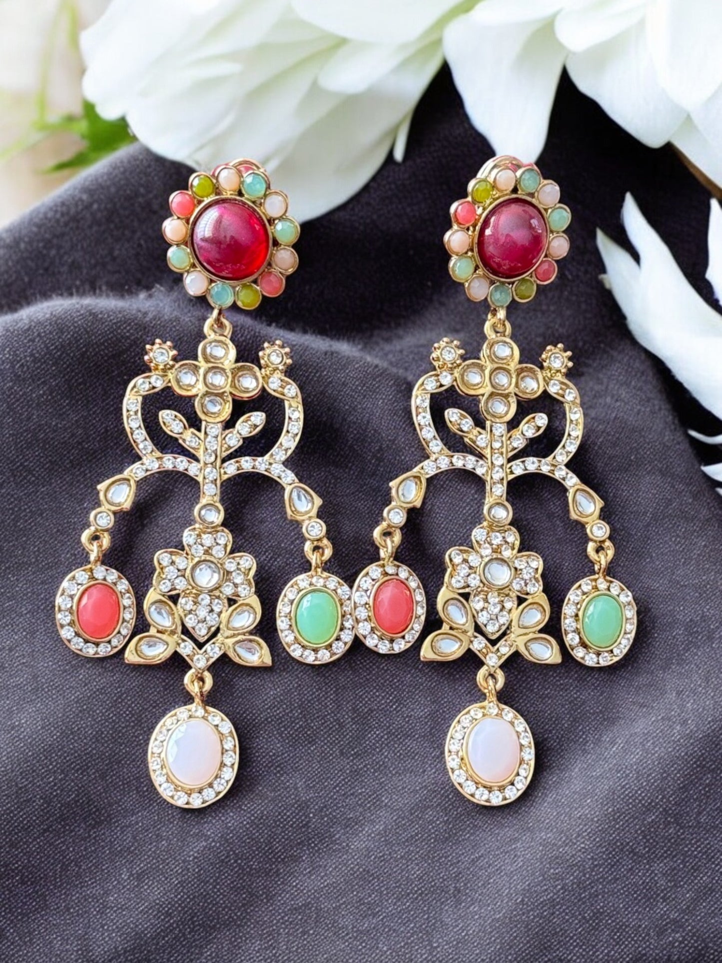 Majestic Multi-Gem Jhula Chandbali Earrings