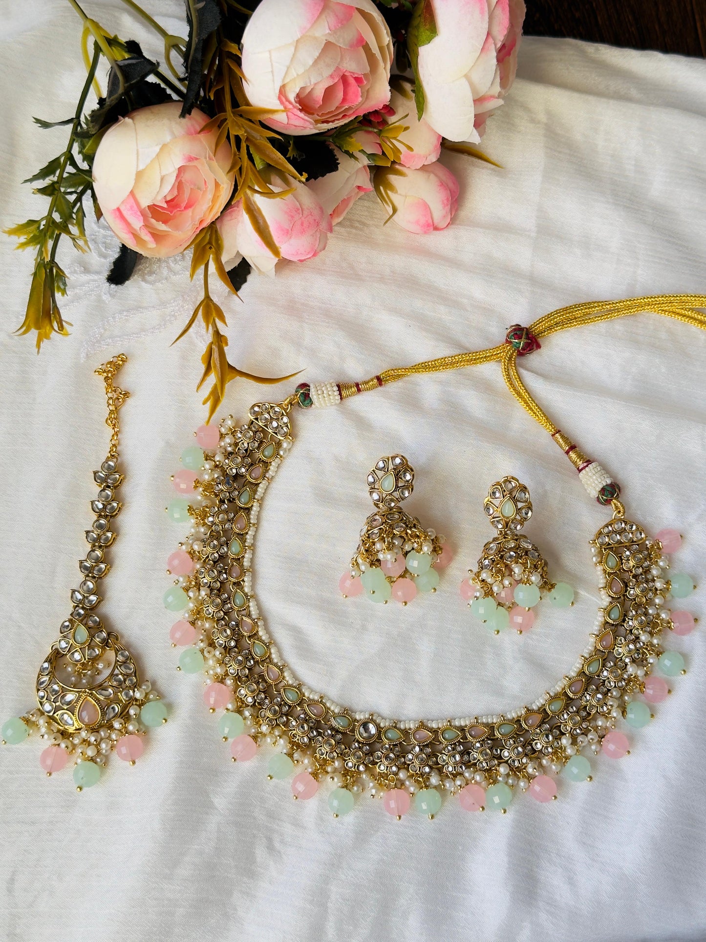 Elegant Pastel Kundan Necklace Set with Maangtika