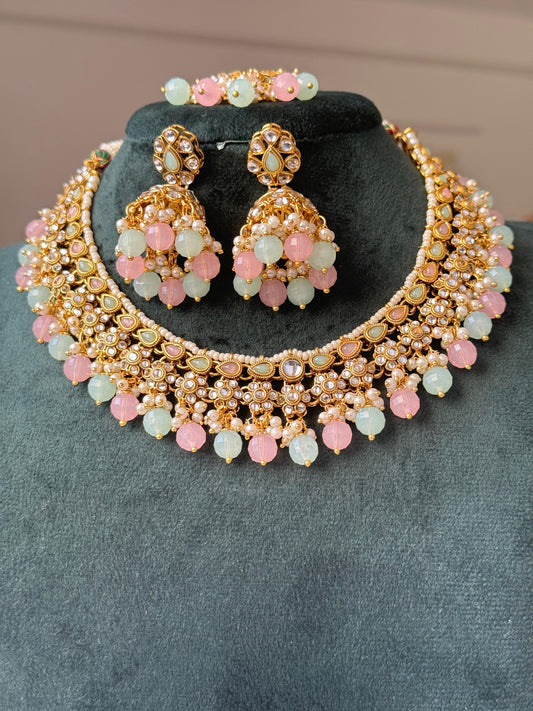 Elegant Pastel Kundan Necklace Set with Maangtika