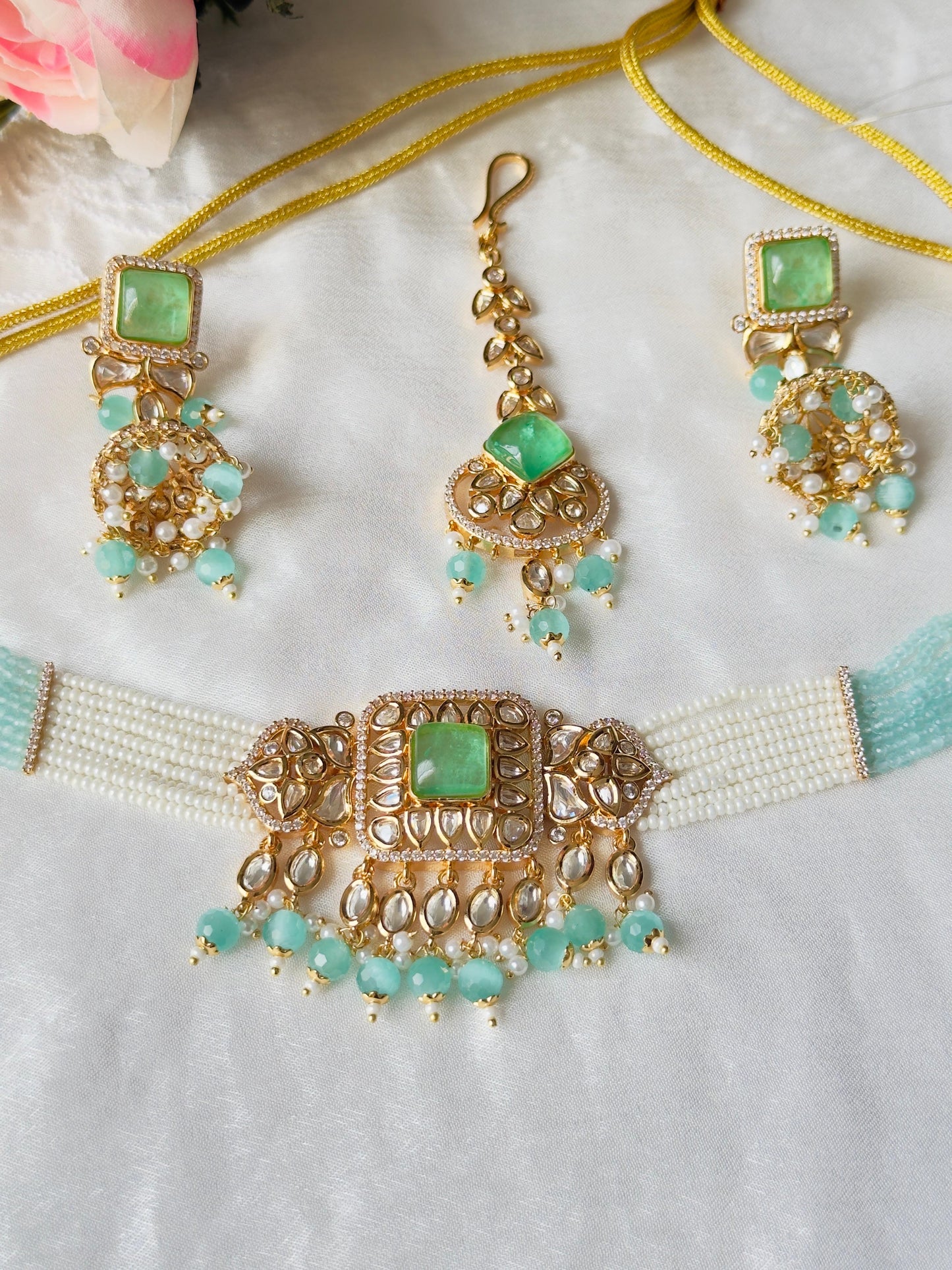 Vidya Pachi Kundan CZ choker set