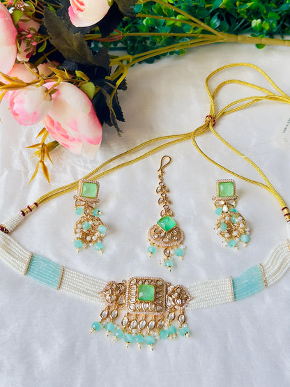 Vidya Pachi Kundan CZ choker set