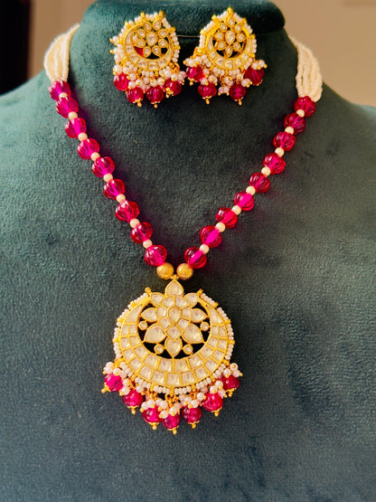 Kalki Ruby Kundan Pearl Beaded Long Necklace Set