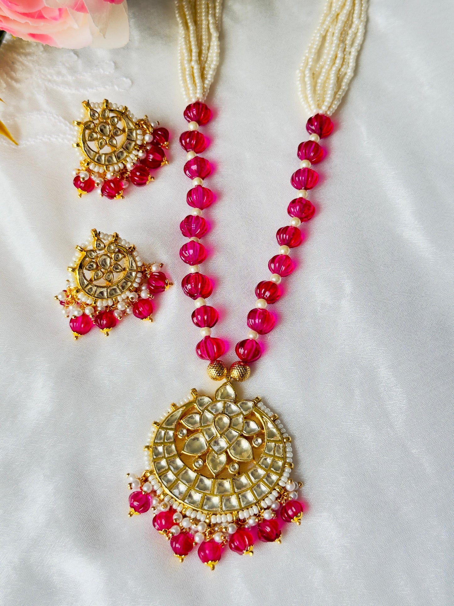 Kalki Ruby Kundan Pearl Beaded Long Necklace Set