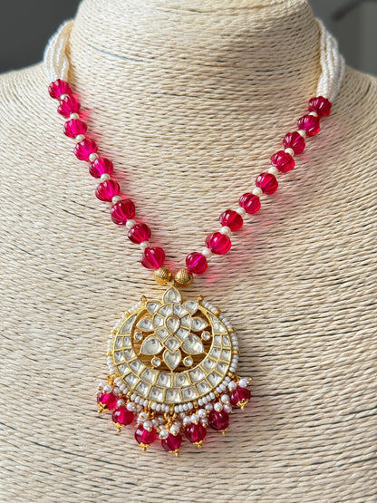 Kalki Ruby Kundan Pearl Beaded Long Necklace Set