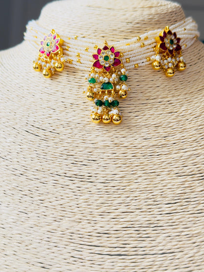 Shahi Floral Kundan Pearl Choker Set