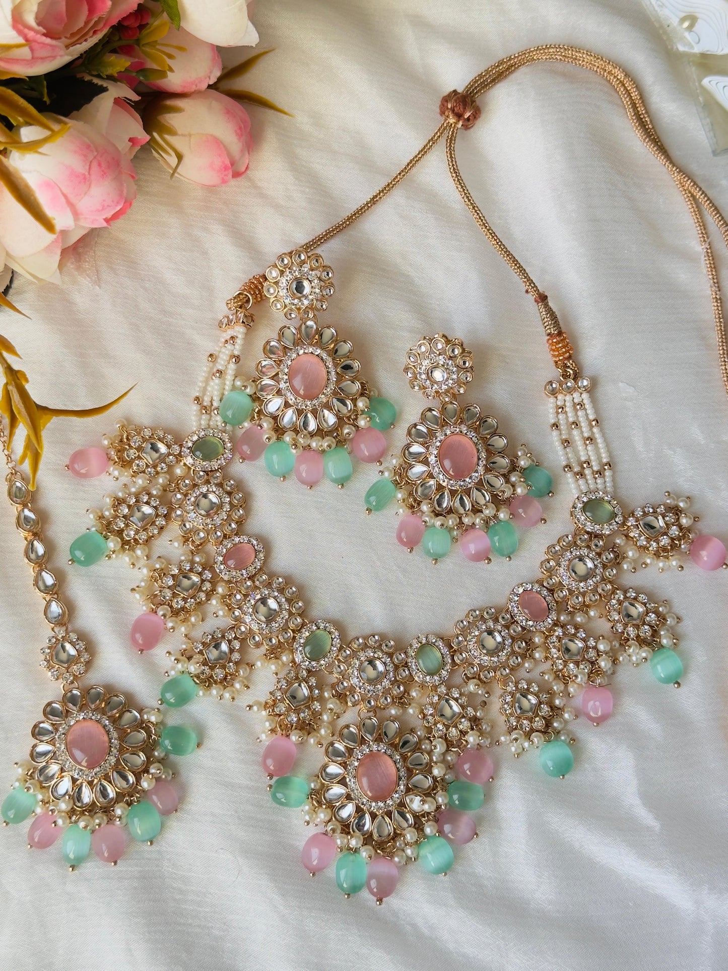 Regal Kundan and Pastel Bead Adorned Bridal Necklace Set