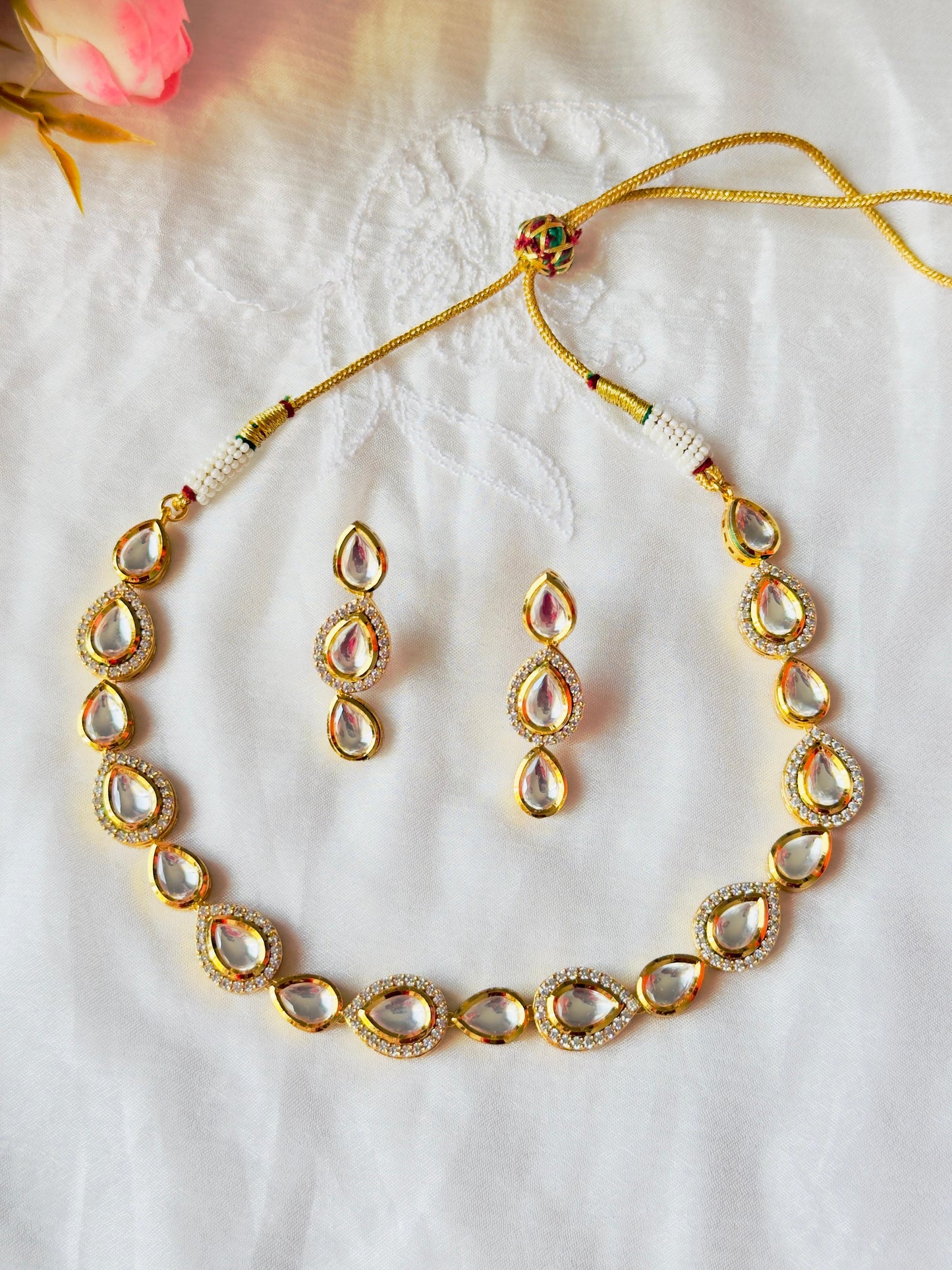 Timeless Kundan Polki and CZ Teardrop Necklace Set