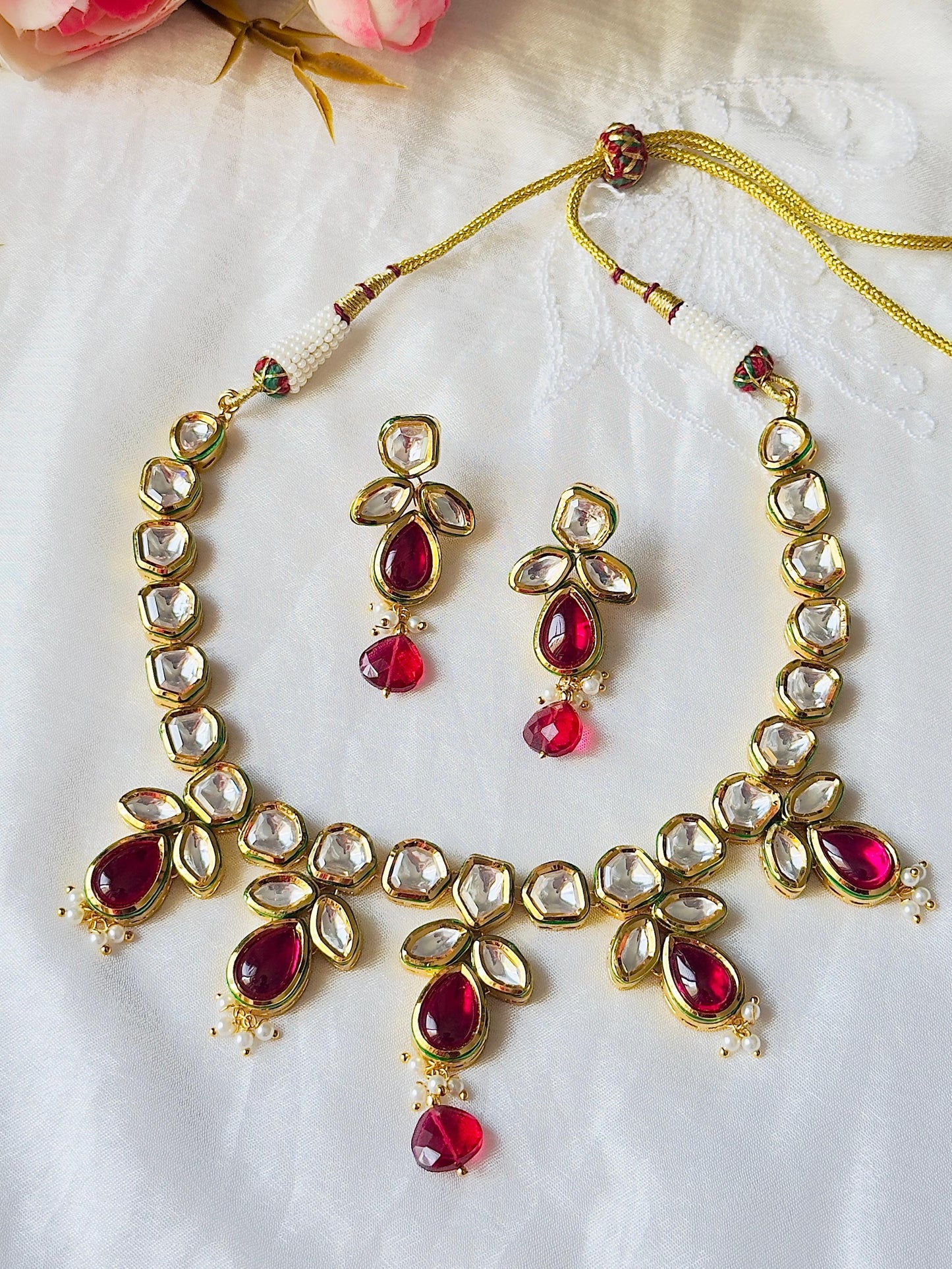 Attrangi Ruby Red and White Kundan Polki Necklace Set