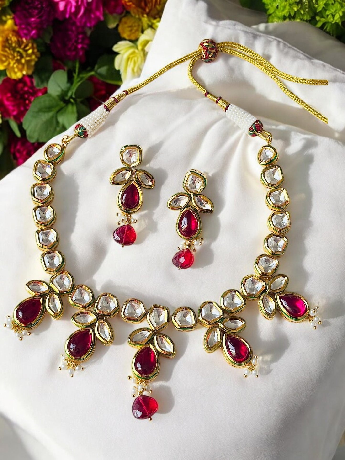 Attrangi Ruby Red and White Kundan Polki Necklace Set