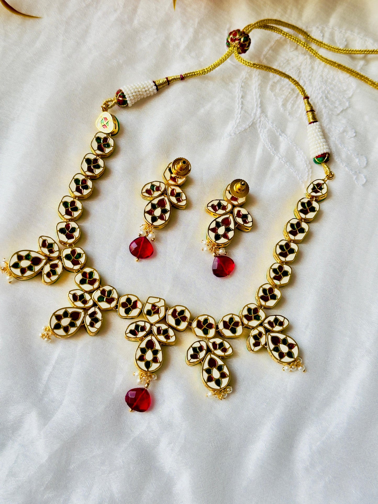 Attrangi Ruby Red and White Kundan Polki Necklace Set