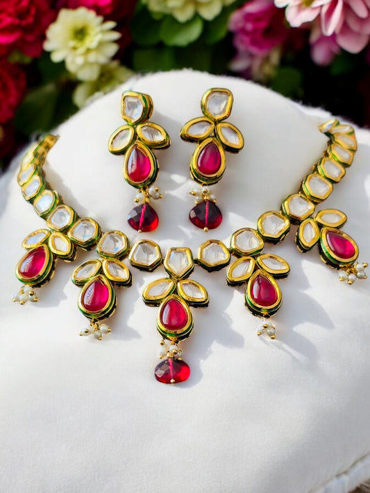 Attrangi Ruby Red and White Kundan Polki Necklace Set