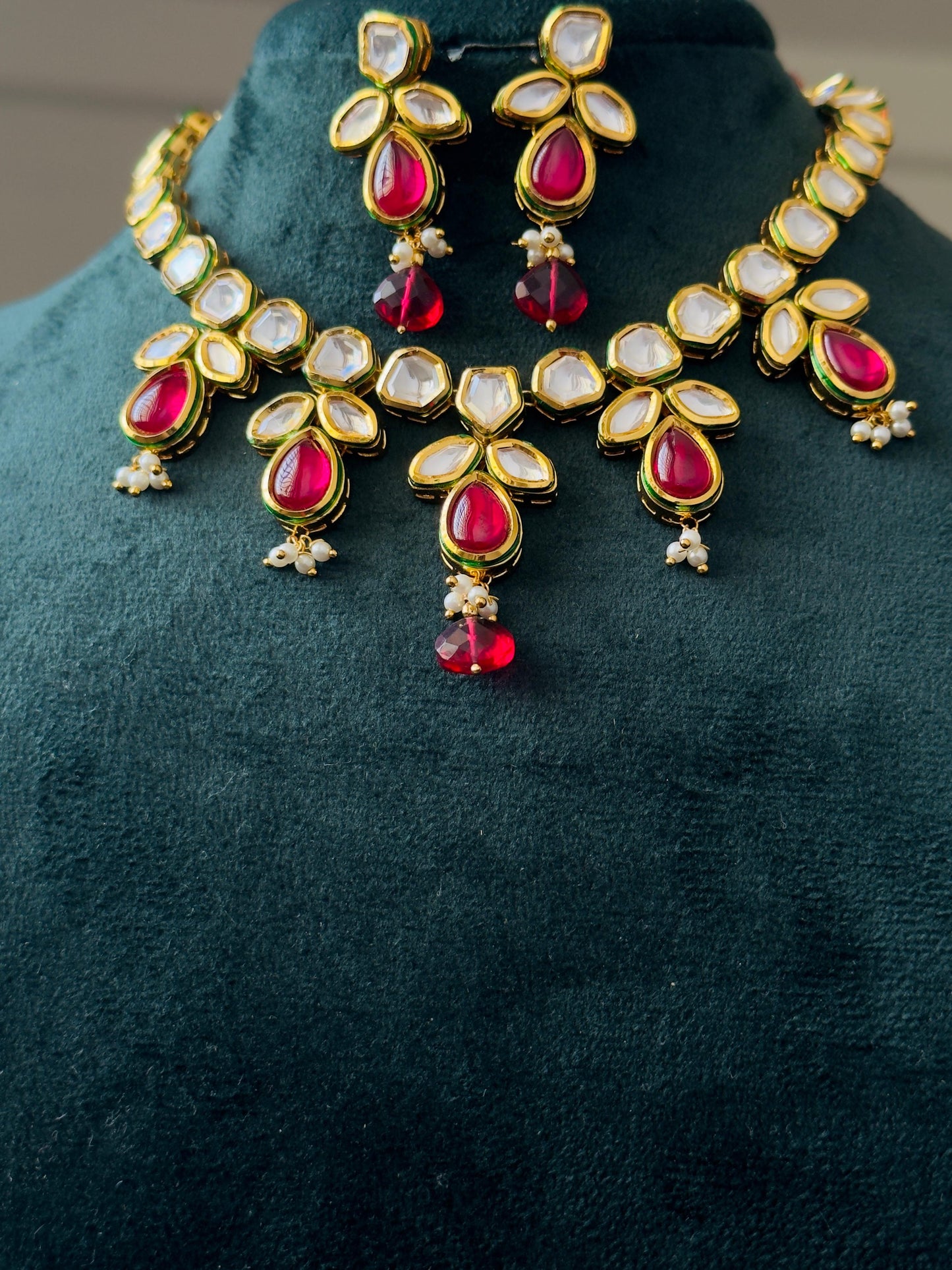 Attrangi Ruby Red and White Kundan Polki Necklace Set