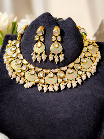 Aarna Pachi Kundan CZ Meenakari Necklace Set