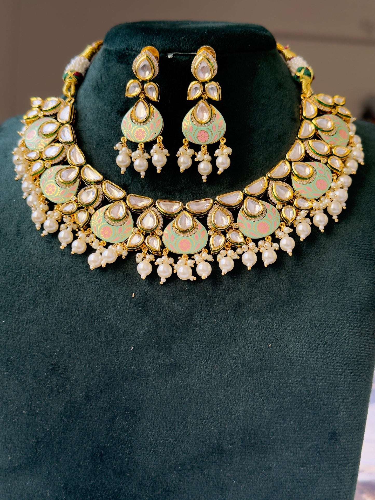 Aarna Pachi Kundan CZ Meenakari Necklace Set