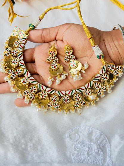 Aarna Pachi Kundan CZ Meenakari Necklace Set