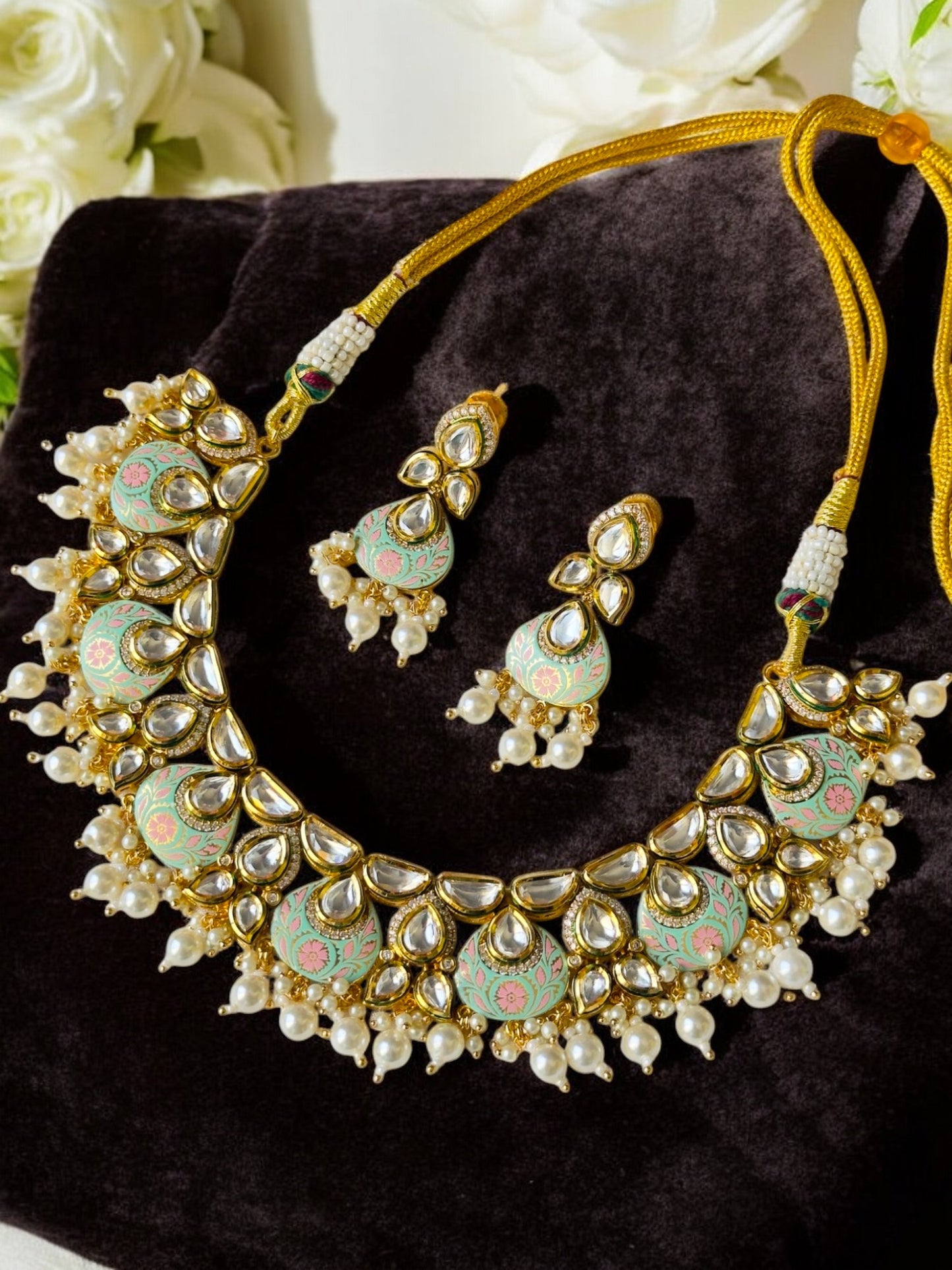 Aarna Pachi Kundan CZ Meenakari Necklace Set