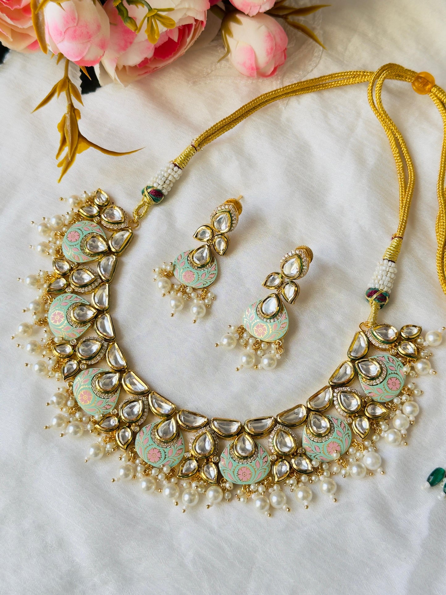 Aarna Pachi Kundan CZ Meenakari Necklace Set