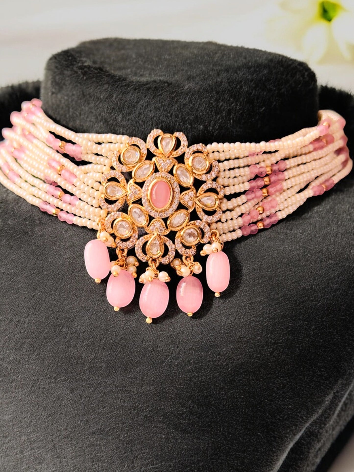 Blushing Maharani Kundan Polki CZ Choker Set