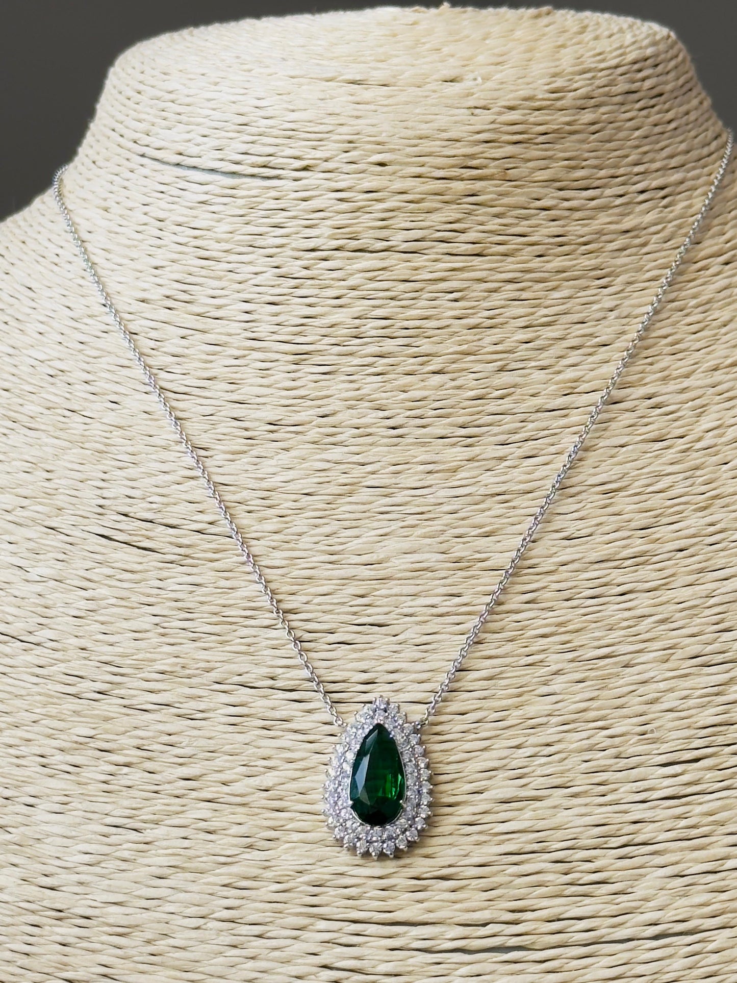 Emerald Teardrop CZ Halo Pendant Necklace