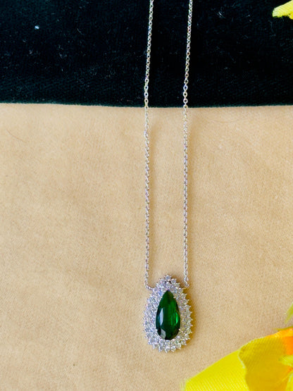 Emerald Teardrop CZ Halo Pendant Necklace