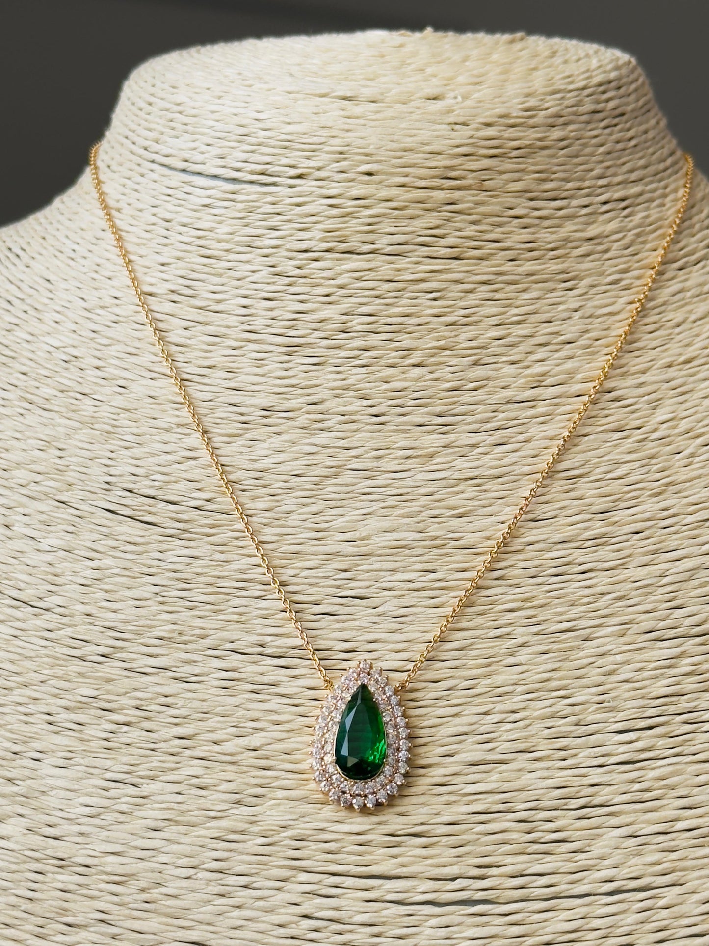 Emerald Teardrop CZ Halo Pendant Necklace