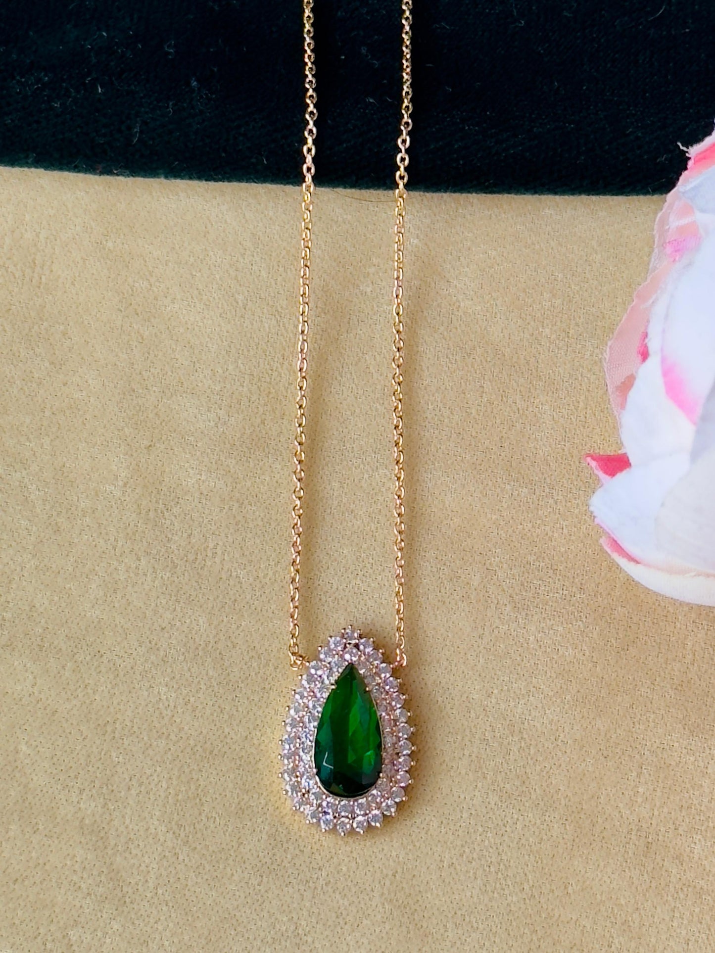 Emerald Teardrop CZ Halo Pendant Necklace