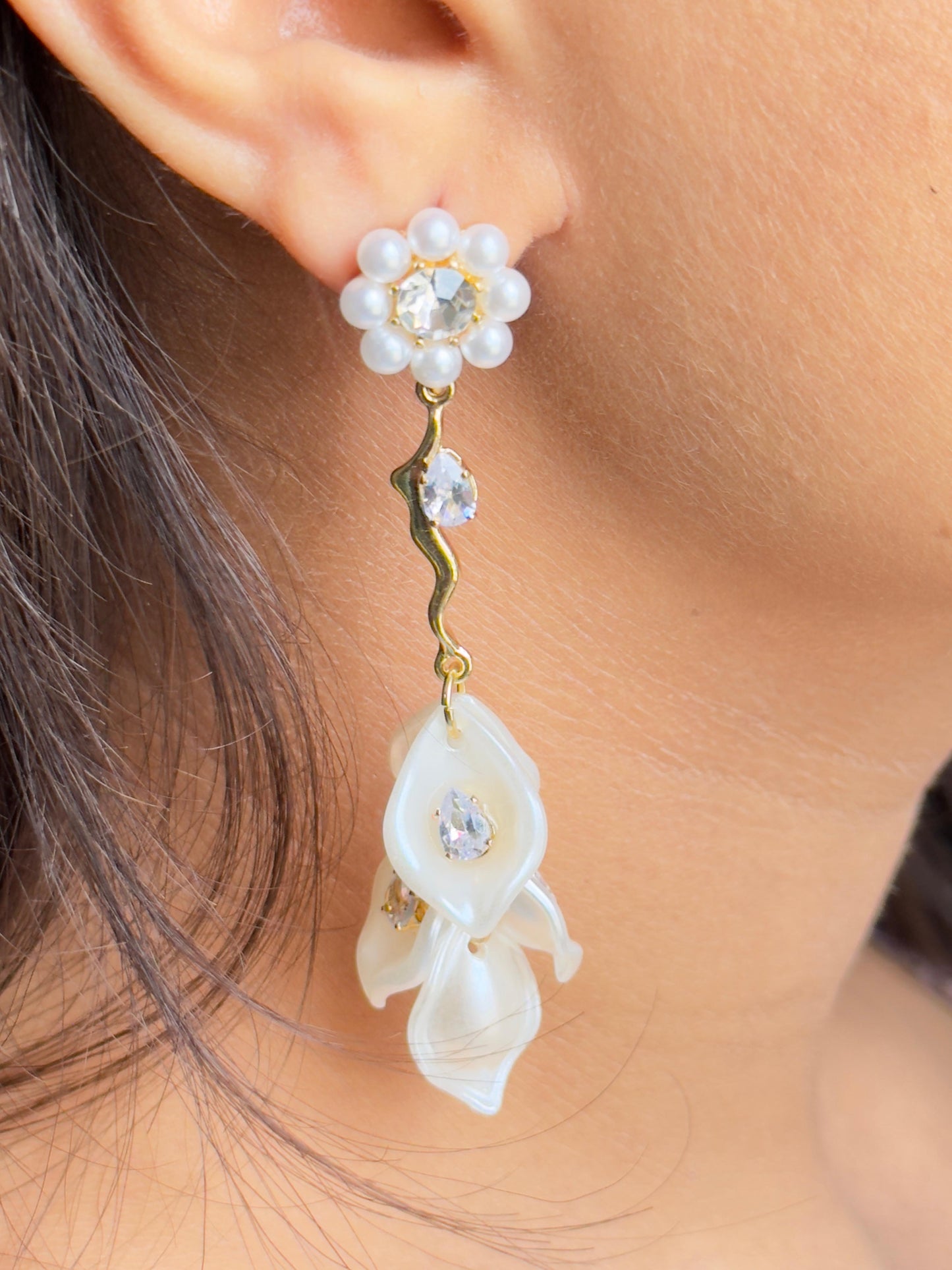 Pearl Flower and Crystal Petal Drop Earrings