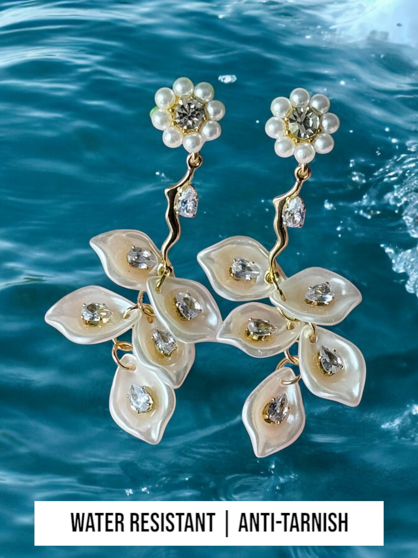 Pearl Flower and Crystal Petal Drop Earrings