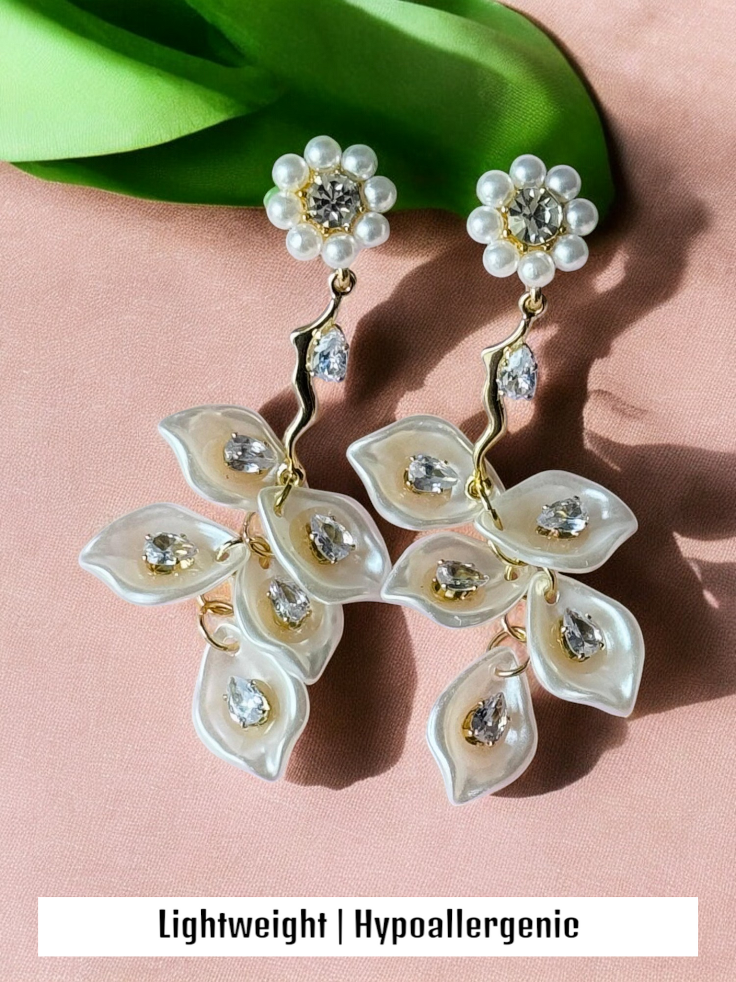 Pearl Flower and Crystal Petal Drop Earrings