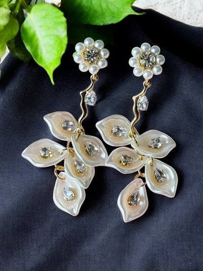 Pearl Flower and Crystal Petal Drop Earrings