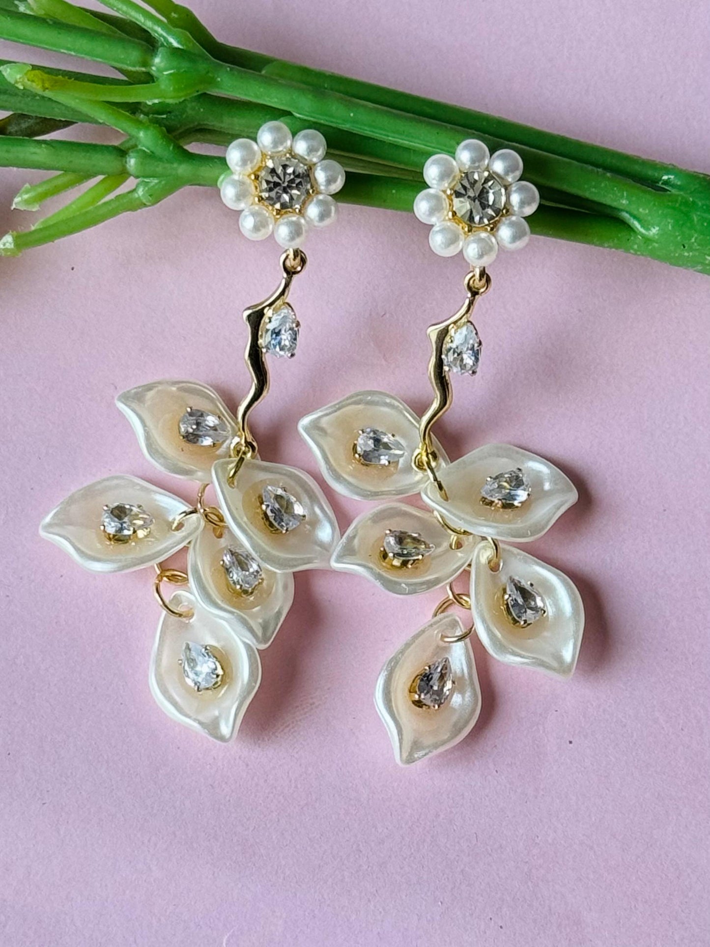 Pearl Flower and Crystal Petal Drop Earrings