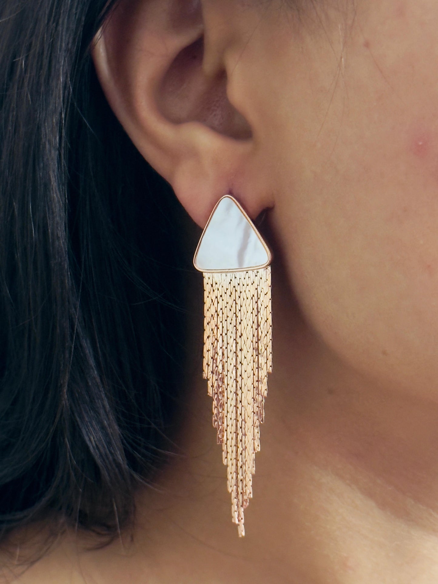 Triangular MOP Stud Earrings with Cascading Chains