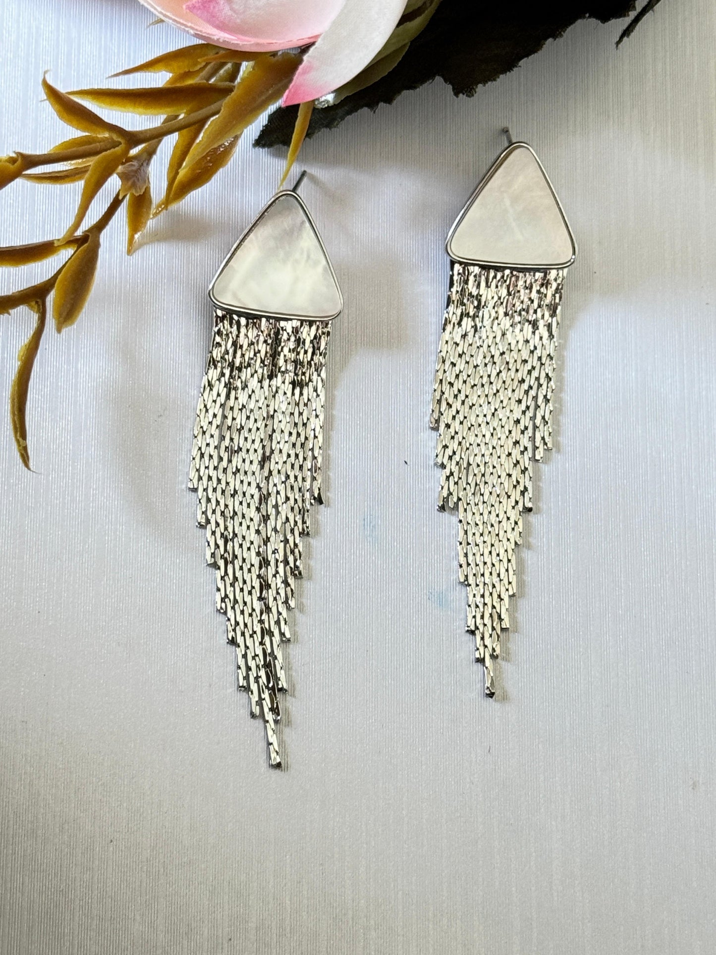 Triangular MOP Stud Earrings with Cascading Chains