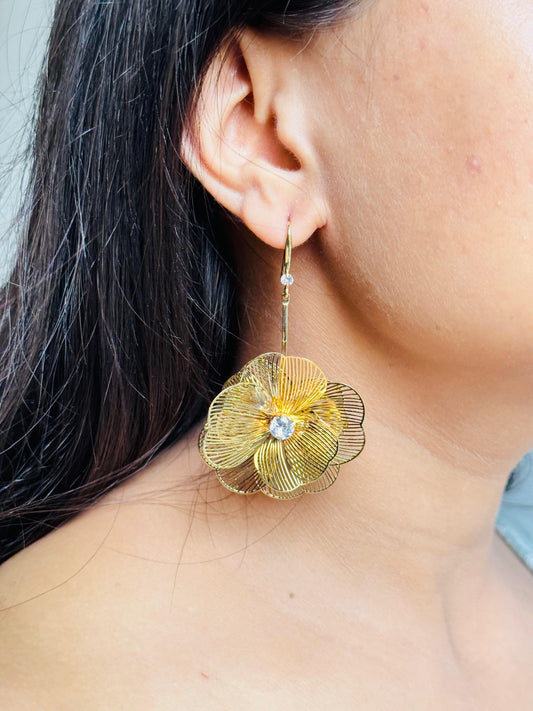 Gold Blossom Earrings with Central Gemstone