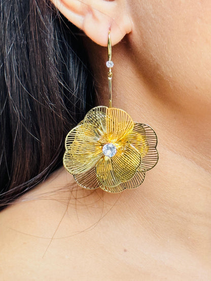 Gold Blossom Earrings with Central Gemstone